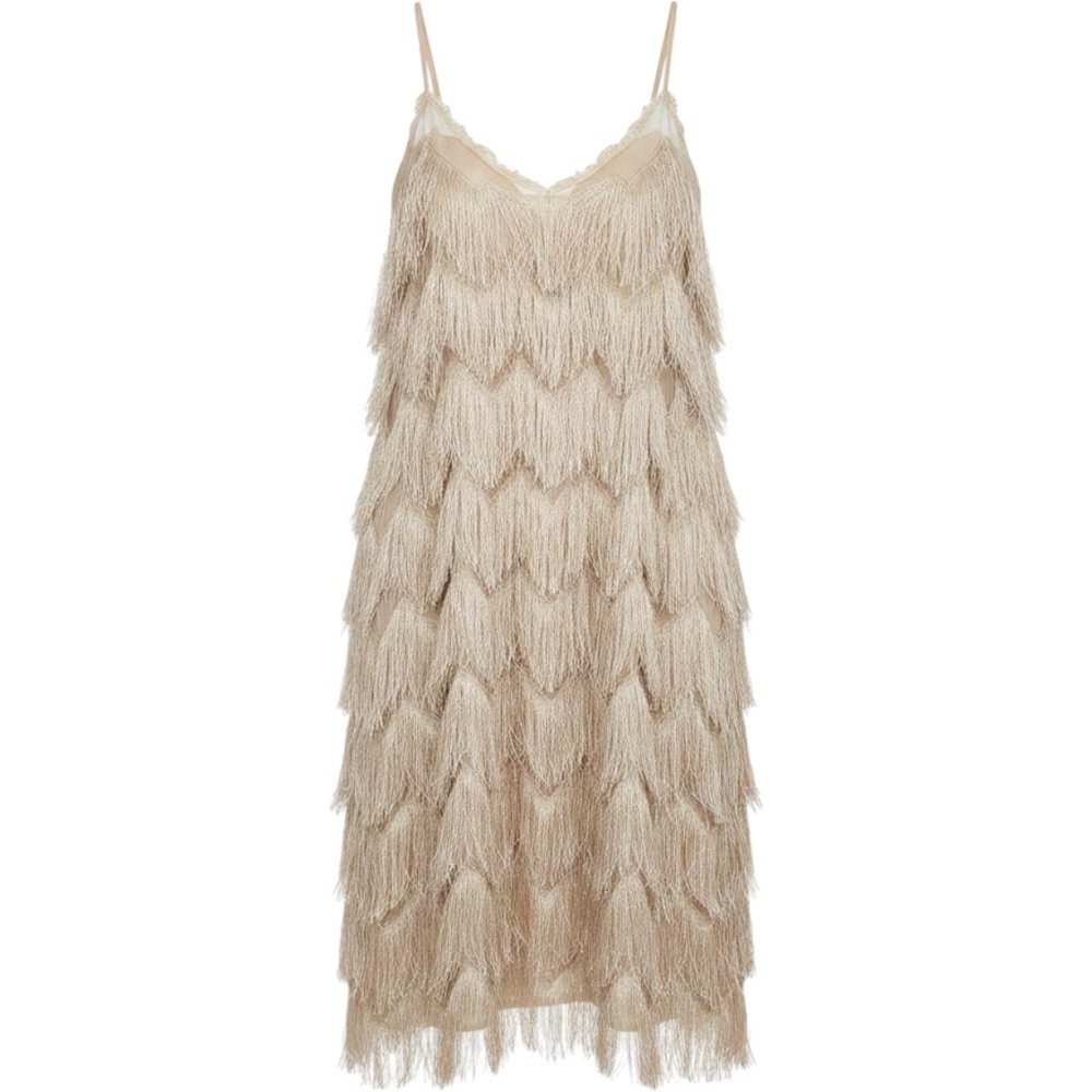 JOA Fringe Mini Dress Women Large Champagne Gold Tiered Flapper Holiday Glam